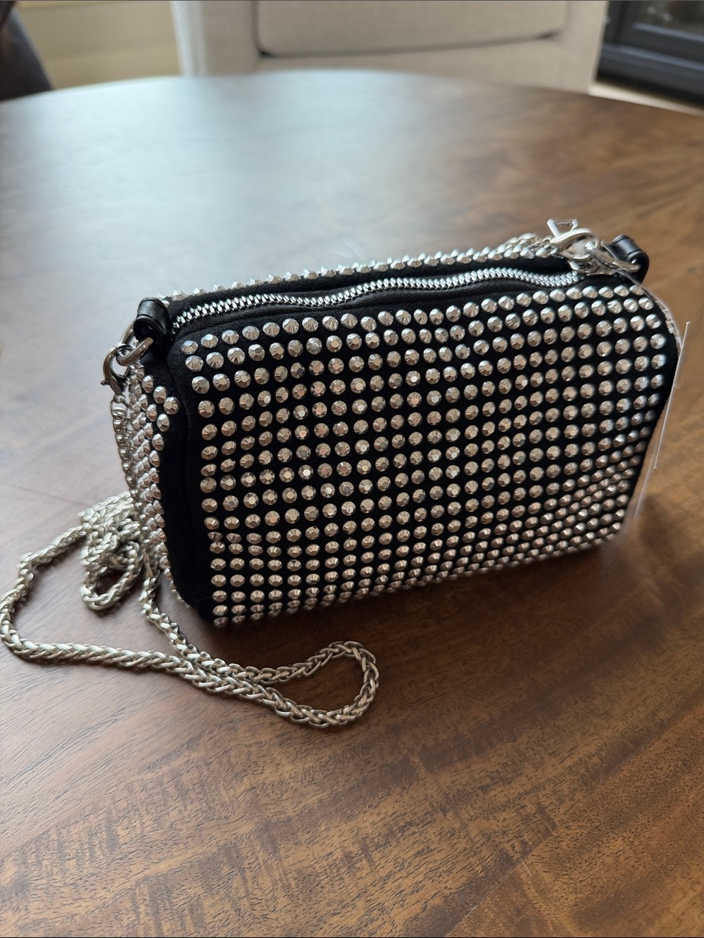 Black Studded Crossbody Bag with Silver Chain